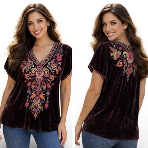 Johnny Was Ioana heavily embroidered velvet blouse NWT